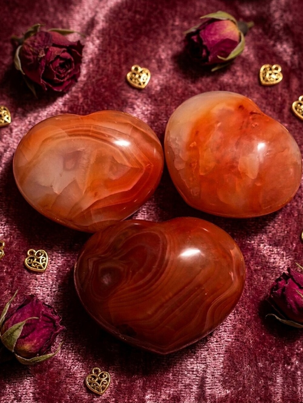 Polished Carnelian Heart Gemstone Trio -Stones Crystalz